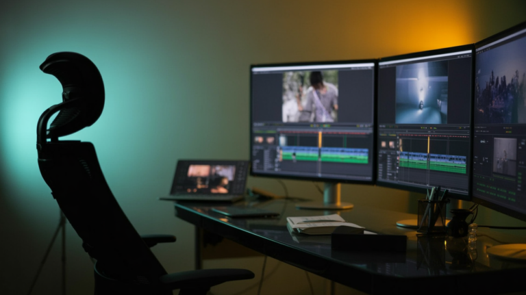 A modern film editing suite with multiple monitors and editing timelines.