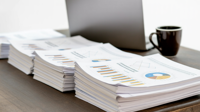 Stack of machine learning research papers on a desk