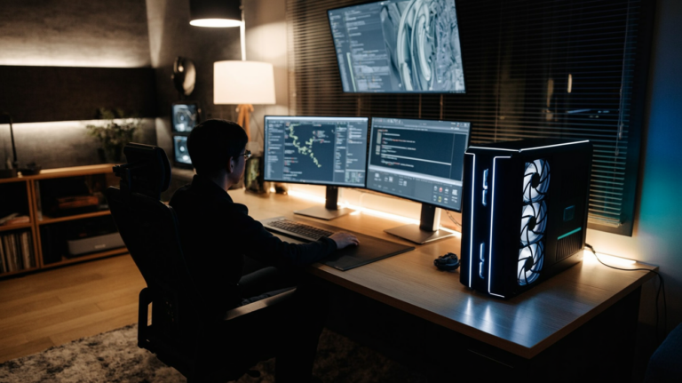 A home AI workstation with a GPU tower and multiple monitors for local model testing.