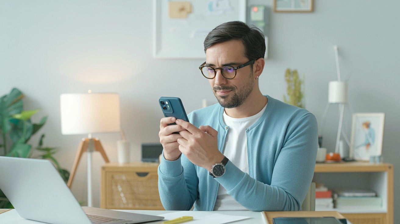 Developer testing an AI assistant on a smartphone in a softly lit home office, close-up of hands and phone.