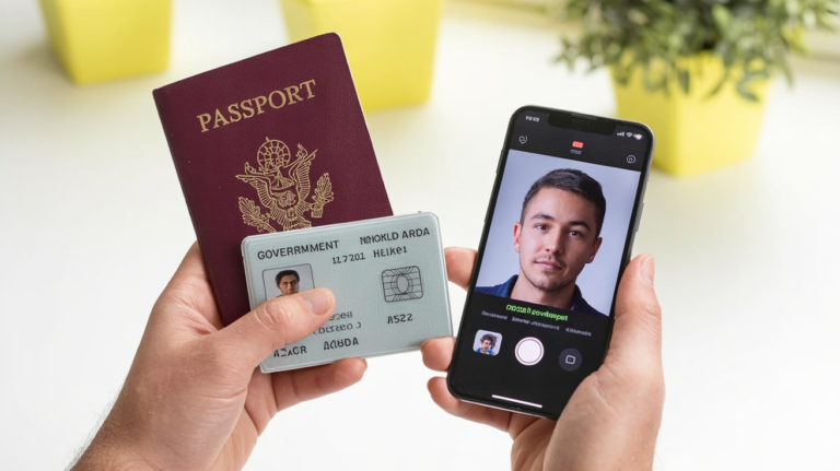 A person holding a passport next to a phone in a selfie verification flow