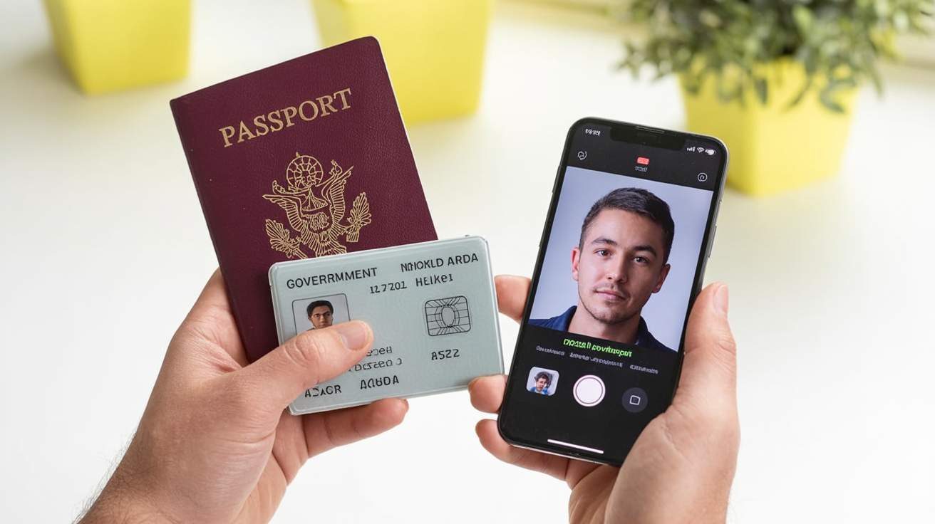 A person holding a passport next to a phone in a selfie verification flow