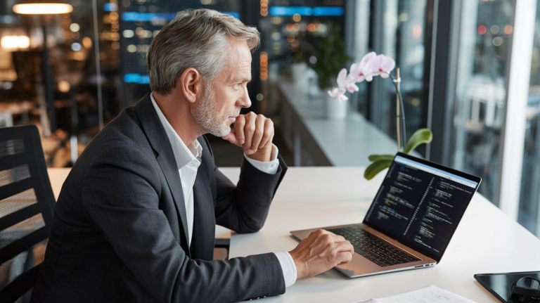 A tech executive in an office beside a laptop displaying code