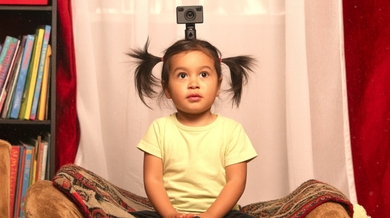 A child wearing a head-mounted camera in a candid documentary-style setting.
