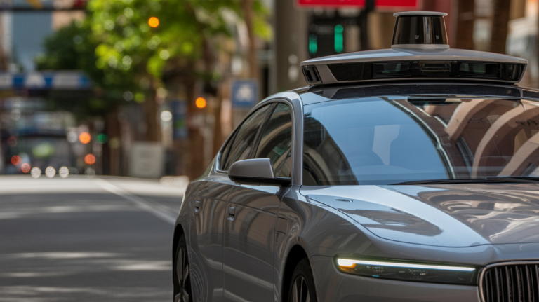 Autonomous car with roof-mounted LiDAR sensor on a road at dusk