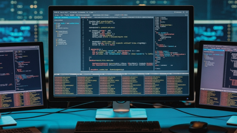 A multi-monitor coding workspace with an AI terminal on screen