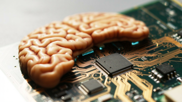 A human brain blended with circuit board traces and microchips