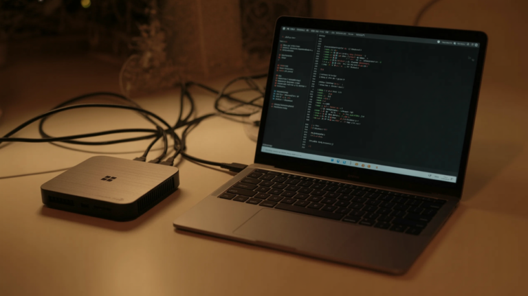 A local AI terminal running on a workstation beside compact hardware