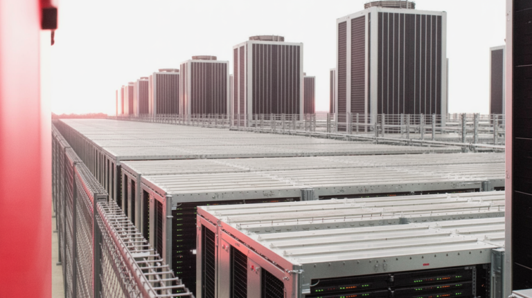 A modern datacenter complex with cooling towers at dusk, emphasizing the physical footprint and resource use of large computing infrastructure.