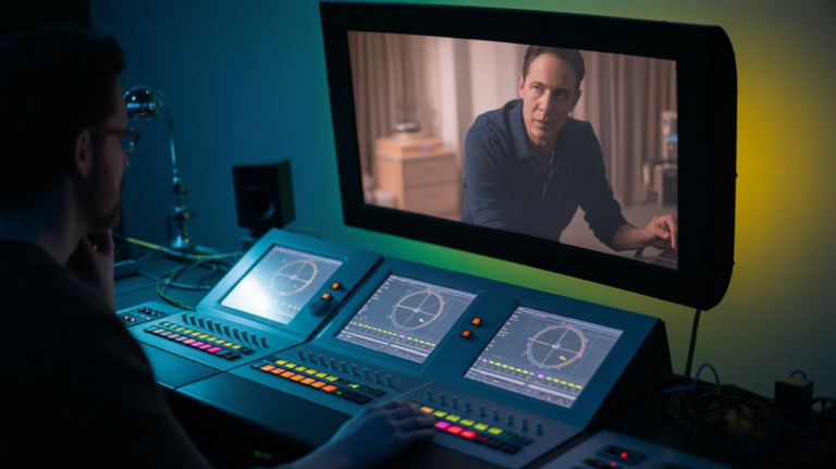 Editorial image of a color grading suite in a video editing studio, cinematic lighting and scopes.