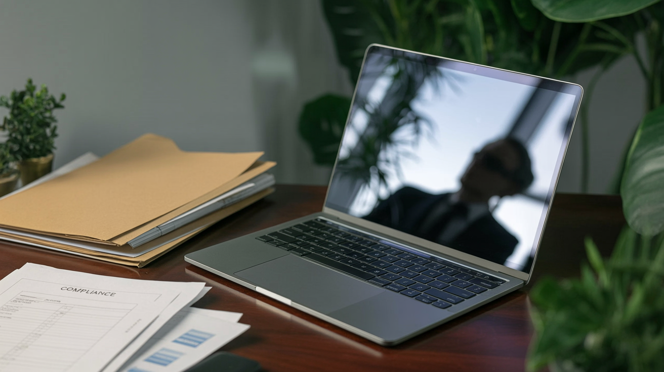 Editorial image of a workplace laptop suggesting enterprise AI privacy and admin oversight