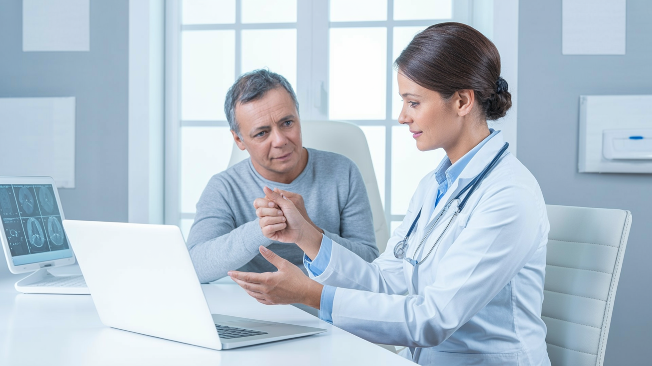 Doctor and patient reviewing scan results on a laptop in a clinic