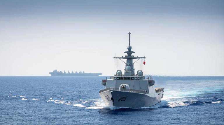 A naval frigate sailing on the Mediterranean Sea