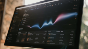 A music streaming analytics dashboard with charts and fraud indicators, representing AI music fraud and royalty dilution.