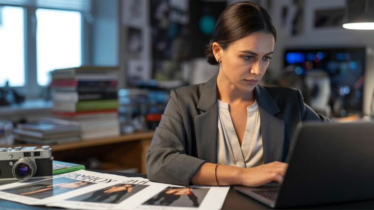 Editorial-style image of a magazine editor working on a laptop amid printed layouts and a camera, warm cinematic light.