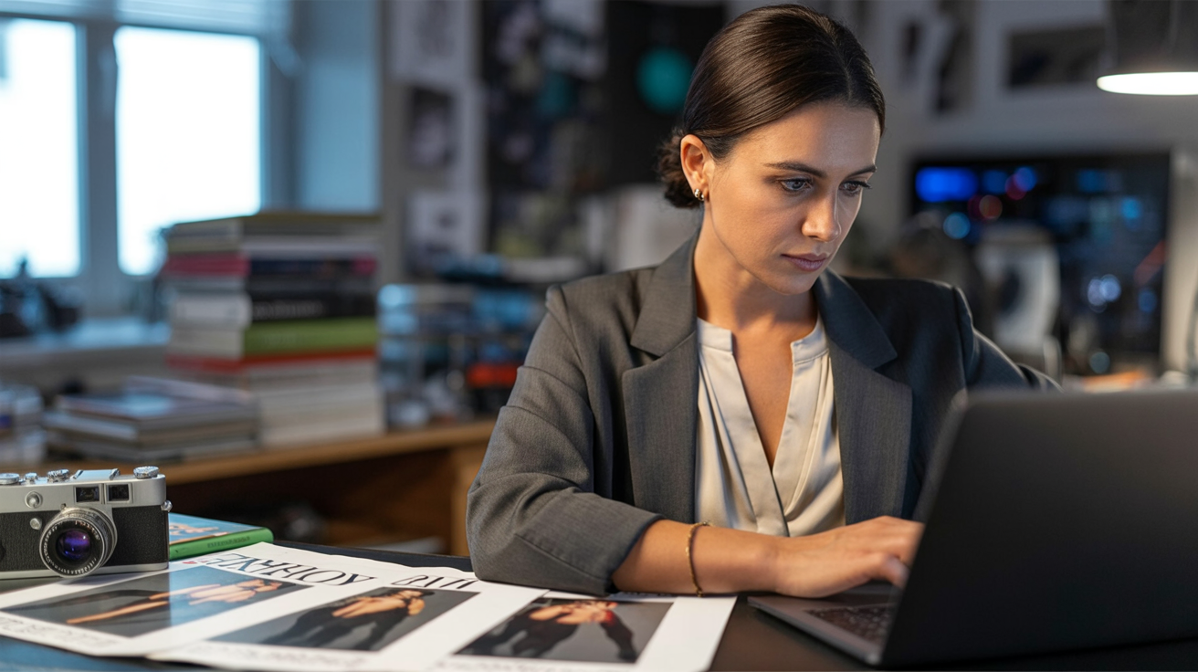 Editorial-style image of a magazine editor working on a laptop amid printed layouts and a camera, warm cinematic light.