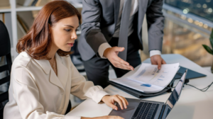 Office workers using laptops in a modern workplace