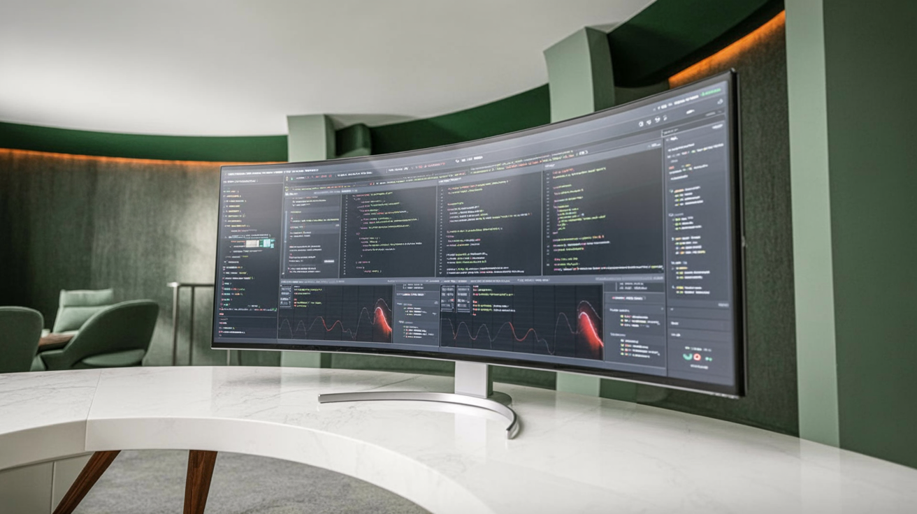 AI coding dashboard with code panes and usage graphs