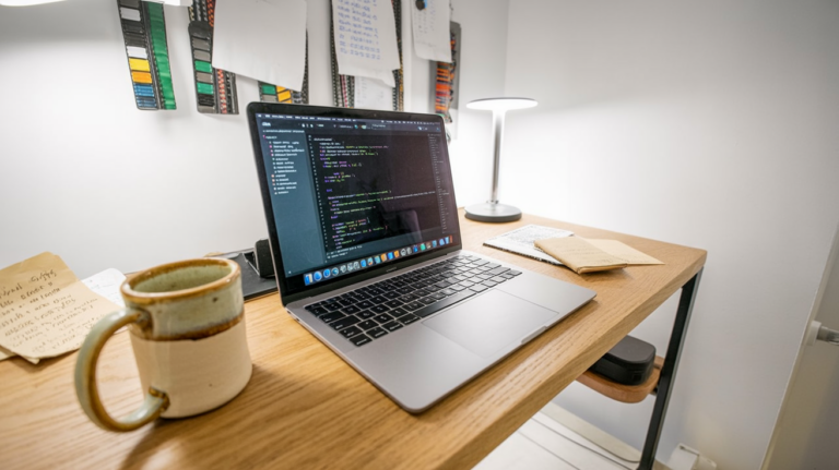 MacBook Air on a desk with code on the screen in a developer workspace