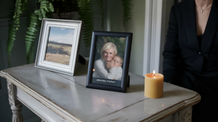 A memorial digital frame on a table beside a candle and framed photo