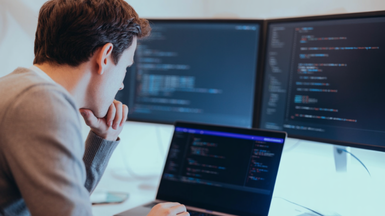Software engineer reviewing code on a laptop in a modern office