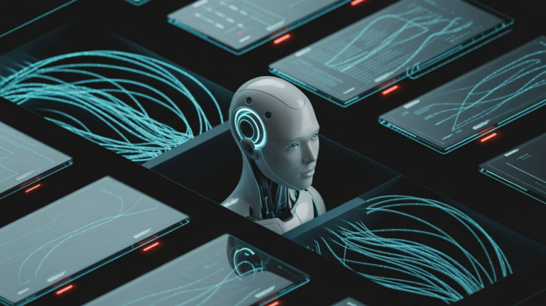 Editorial illustration of an AI system stack with multiple input channels and warning signals