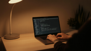 Developer working in a terminal on a laptop