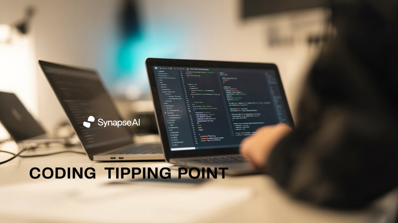 Software engineers around laptops with AI-generated code on screens; bold white caption 'CODING TIPPING POINT' at the bottom.
