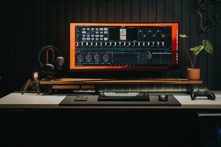 A trailer editing workstation with multiple screens and editing controls.