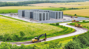 A data center under construction next to farmland in rural Michigan