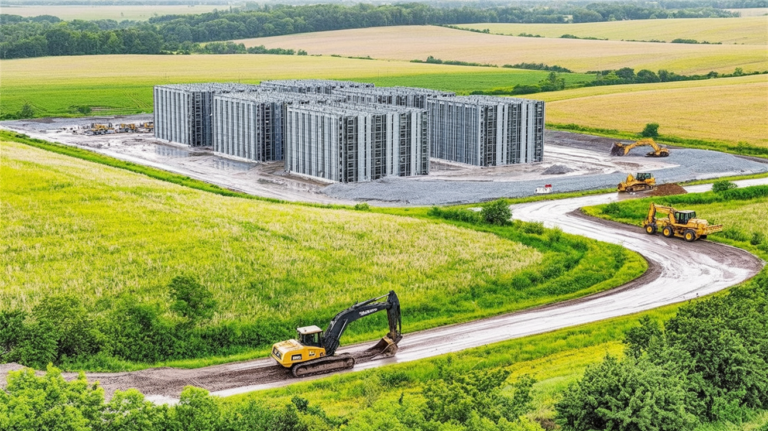 A data center under construction next to farmland in rural Michigan