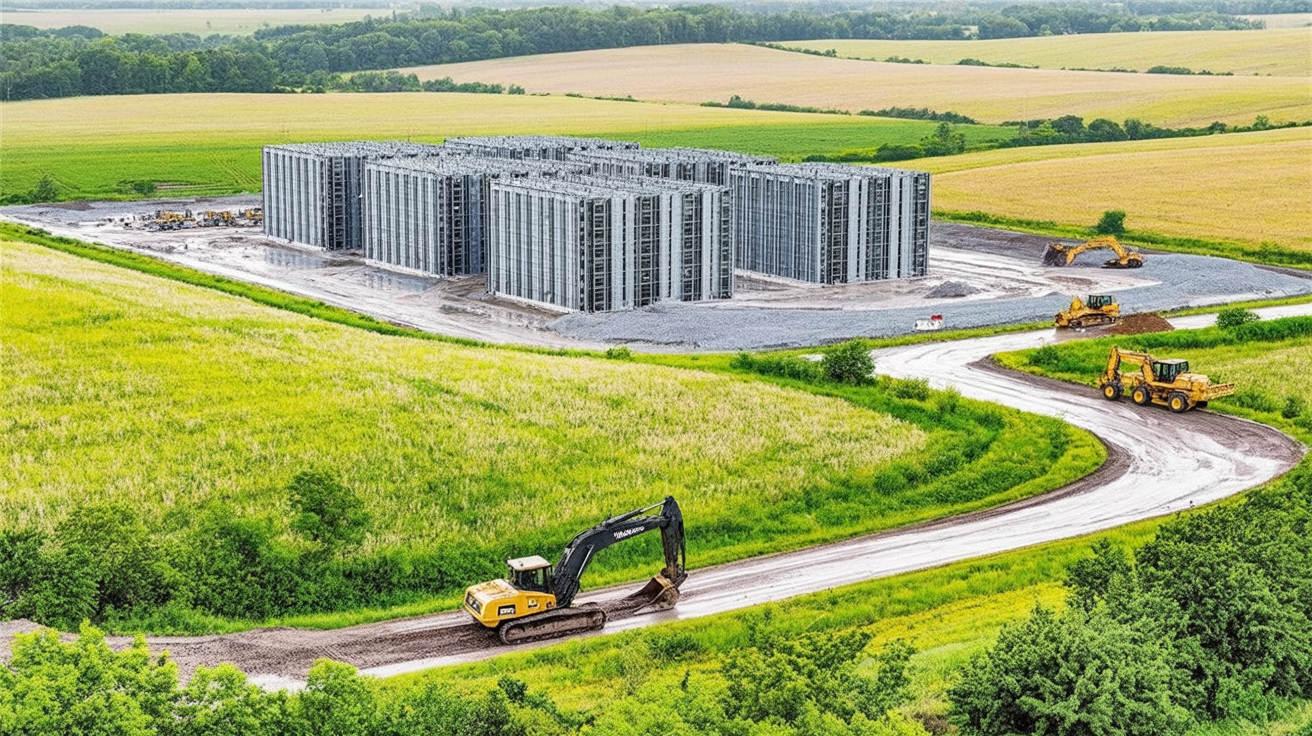 A data center under construction next to farmland in rural Michigan