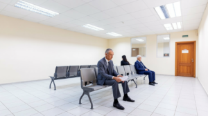 An unemployment office waiting room with seated applicants and a tense, uncertain mood.