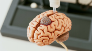 Editorial illustration of a mouse brain stroke lesion with transplanted human neural progenitor cells near the injury site