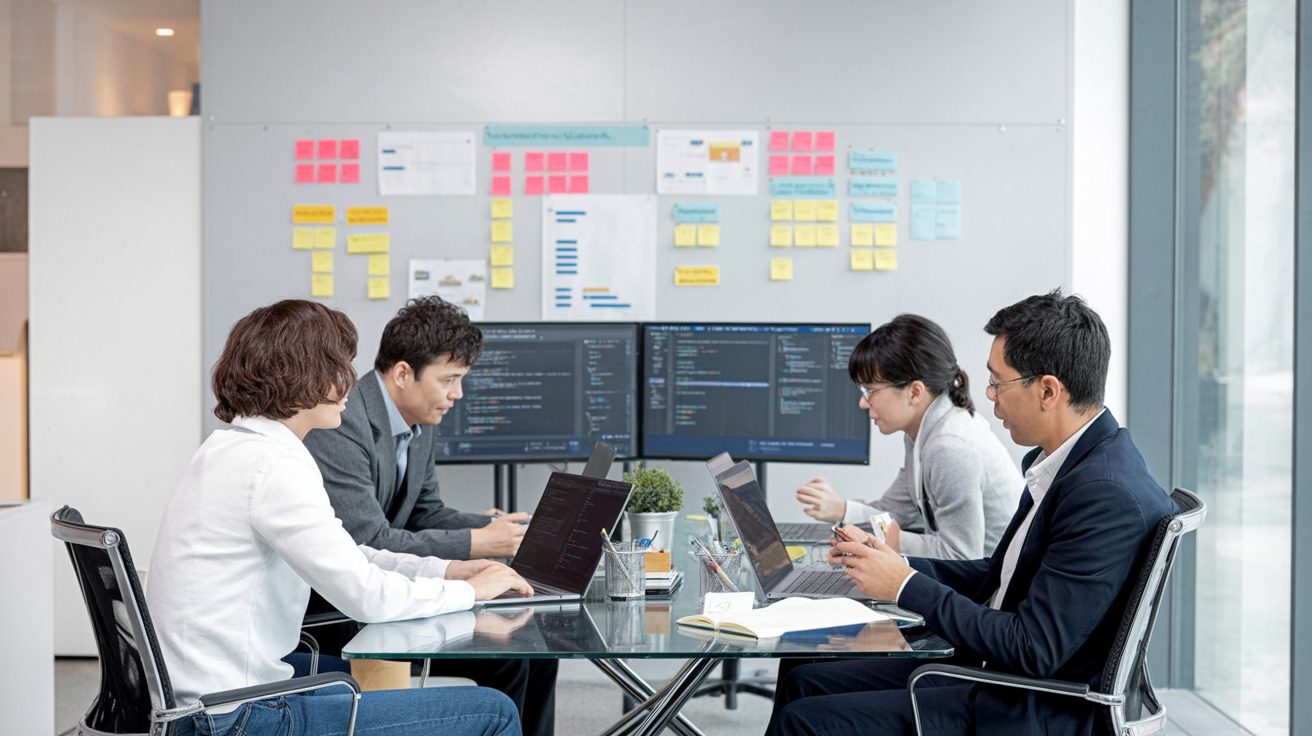 Software team in a meeting room discussing product work