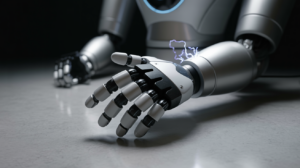 A close-up of a humanoid robot hand in a robotics lab