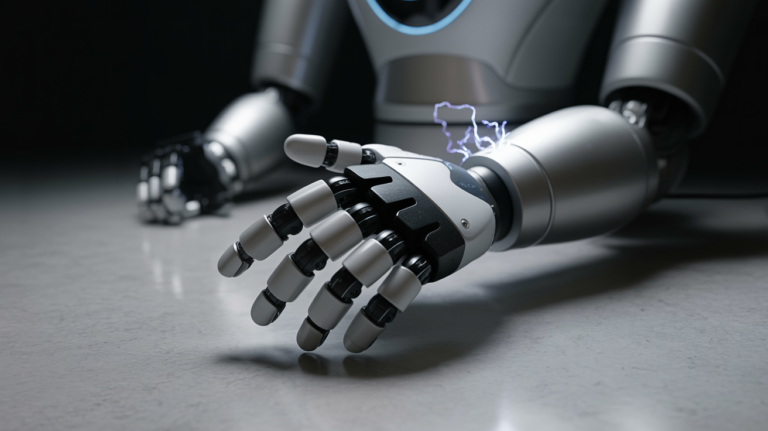 A close-up of a humanoid robot hand in a robotics lab