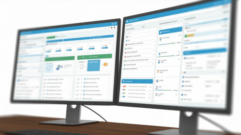 A modern enterprise software dashboard displayed across multiple screens in an office.