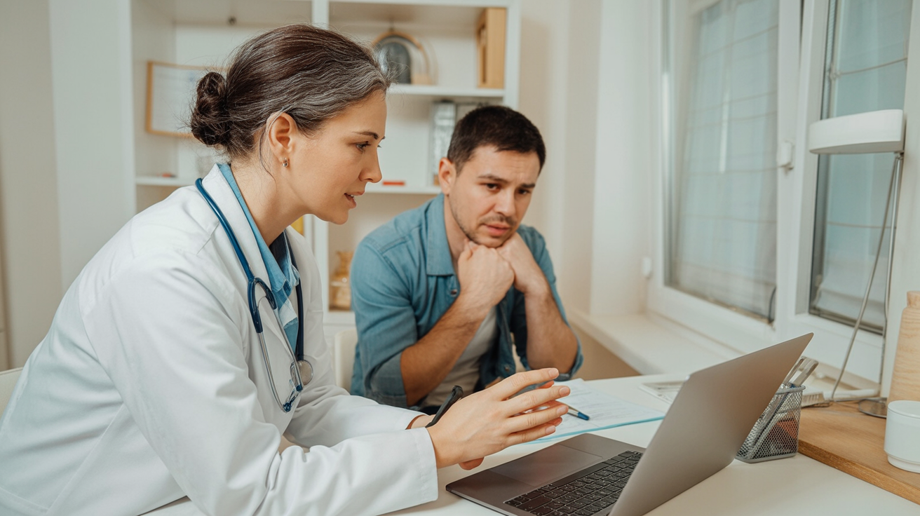 Doctor and patient with a laptop in a clinic, representing AI note-taking in healthcare