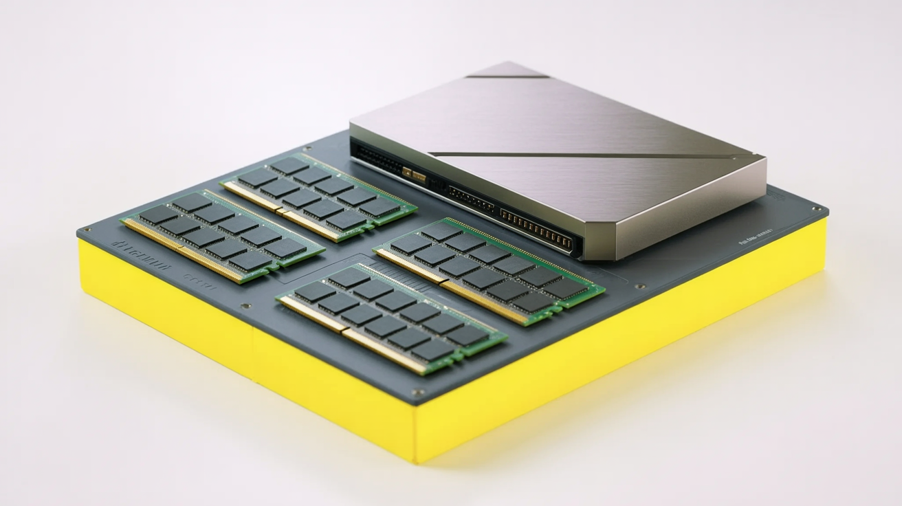 Server memory modules arranged beside a graphics card in a clean editorial hardware scene