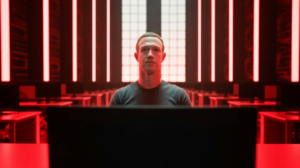Mark Zuckerberg in a modern tech office setting, representing the Meta copyright lawsuit