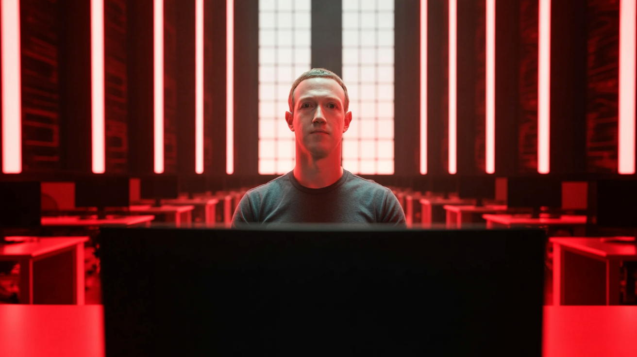 Mark Zuckerberg in a modern tech office setting, representing the Meta copyright lawsuit