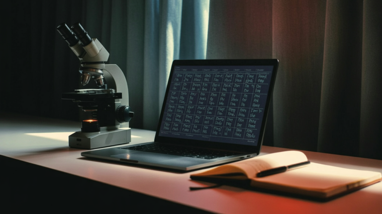 excel gene: A laboratory workspace with a spreadsheet on a laptop beside a microscope, showing how gene symbols can collide with spreadsheet formatting.