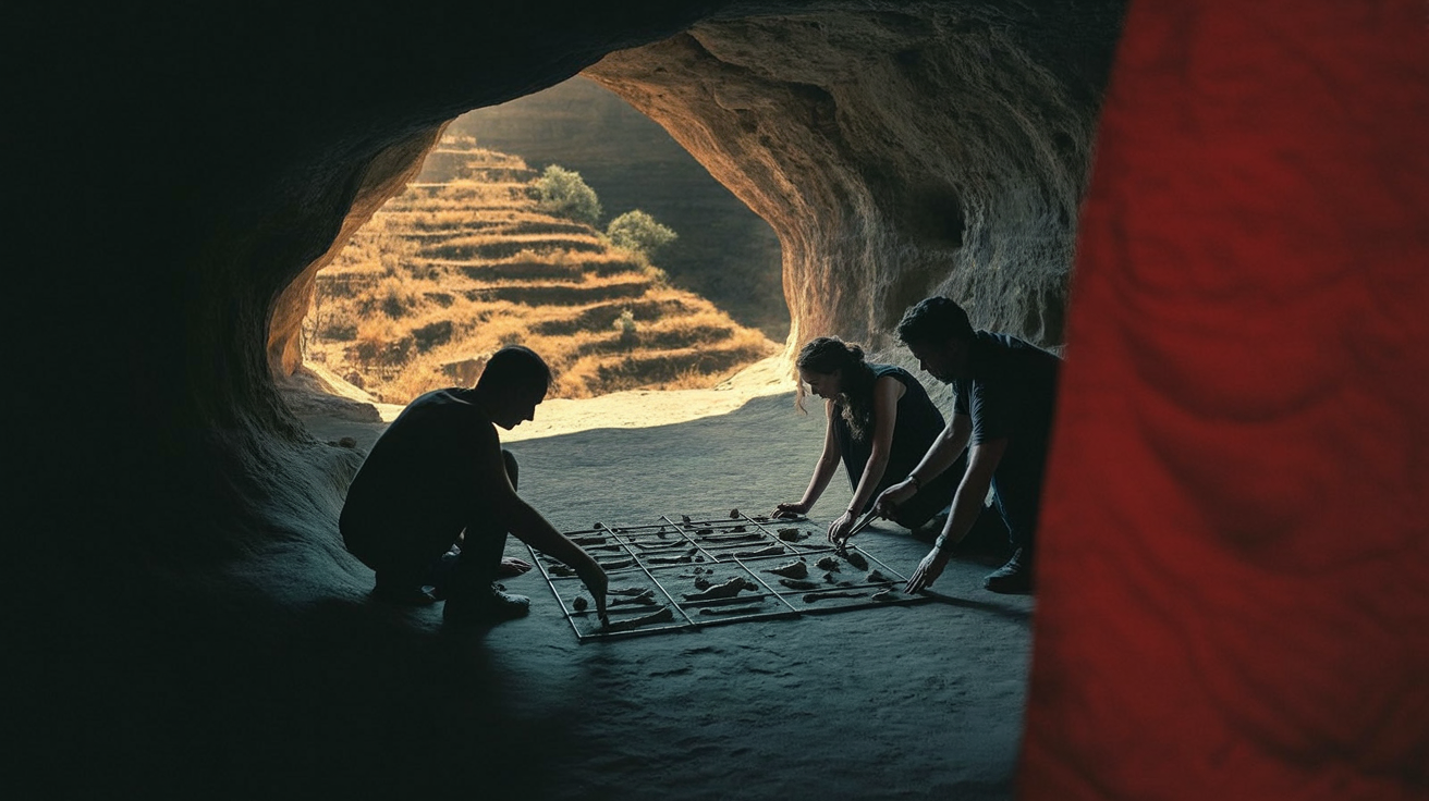 shanidar 1: Archaeologists excavating Shanidar Cave in a rugged landscape.