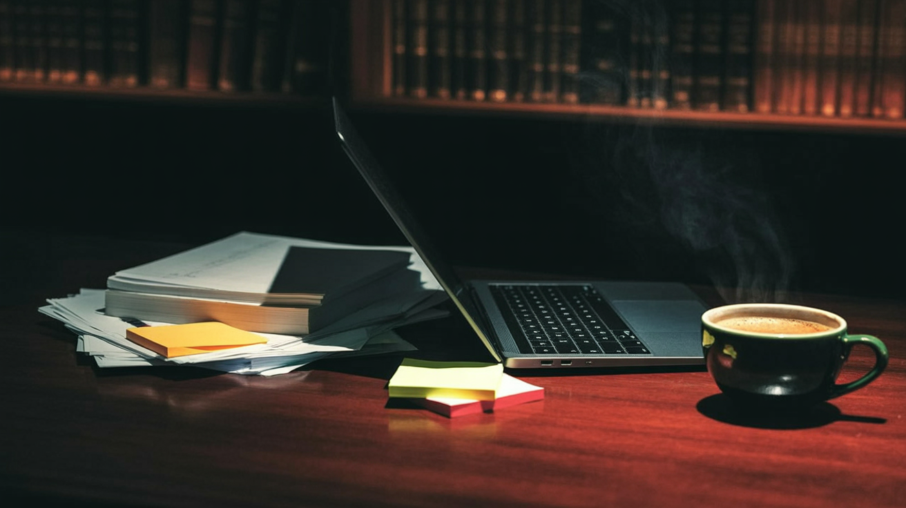 prompt injection: Laptop on a desk with academic papers and review notes