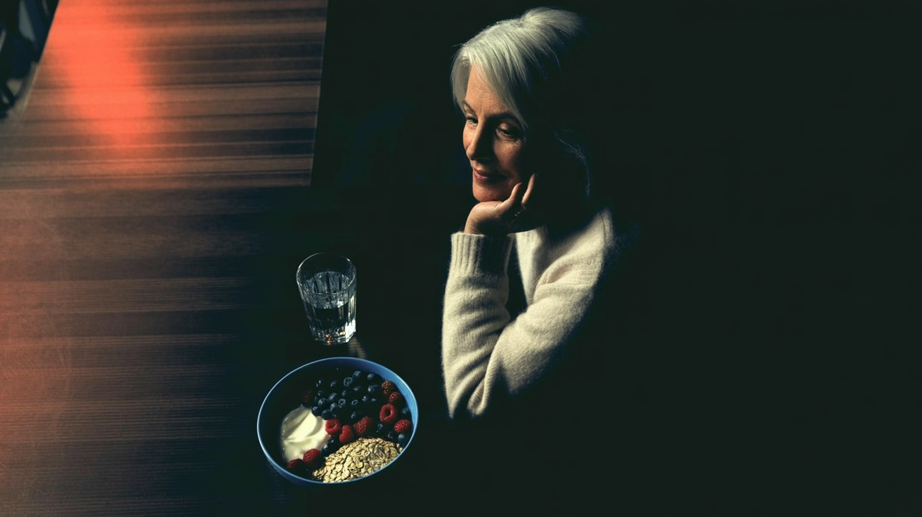 prebiotics and probiotics: Older adult eating a gut-healthy meal in warm natural light