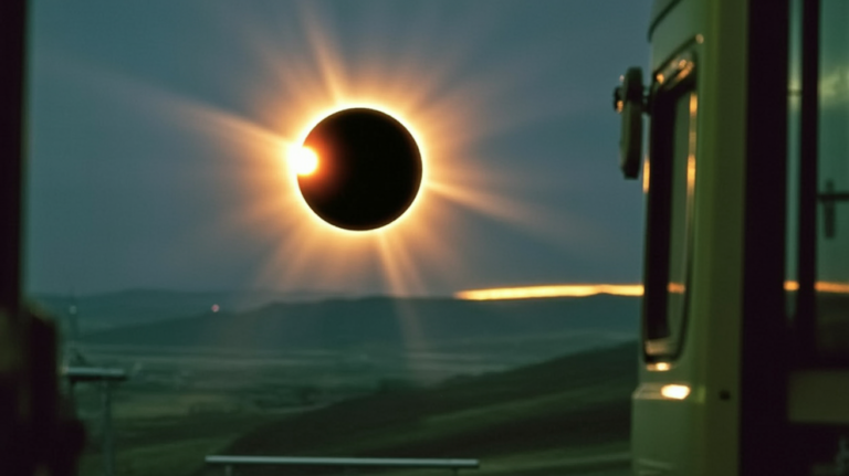 A total solar eclipse with the sun’s corona glowing in the sky.