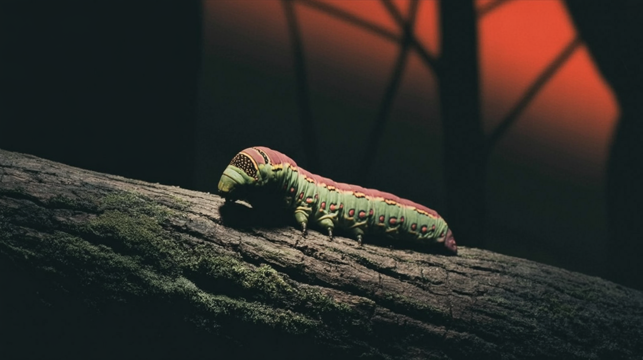 Elephant hawk moth caterpillar with visible eyespots in a natural setting
