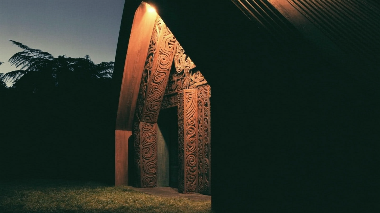 māori cannibalism: A Māori meeting house at dusk for an article about colonial-era comparisons of cannibalism and historical framing