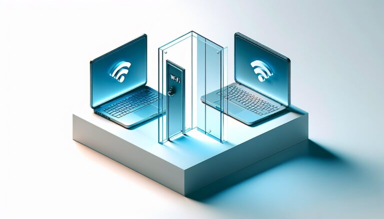 Minimalist illustration: two Wi‑Fi client devices separated by a glass partition with a hidden door seam, showing a covert connection path.